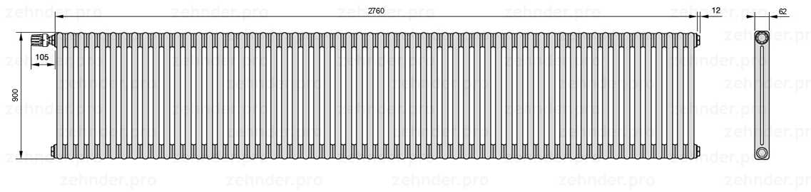 Схема (чертеж) Радиатор Zehnder Charleston 2090/60 №V012 Белый глянцевый RAL 9016